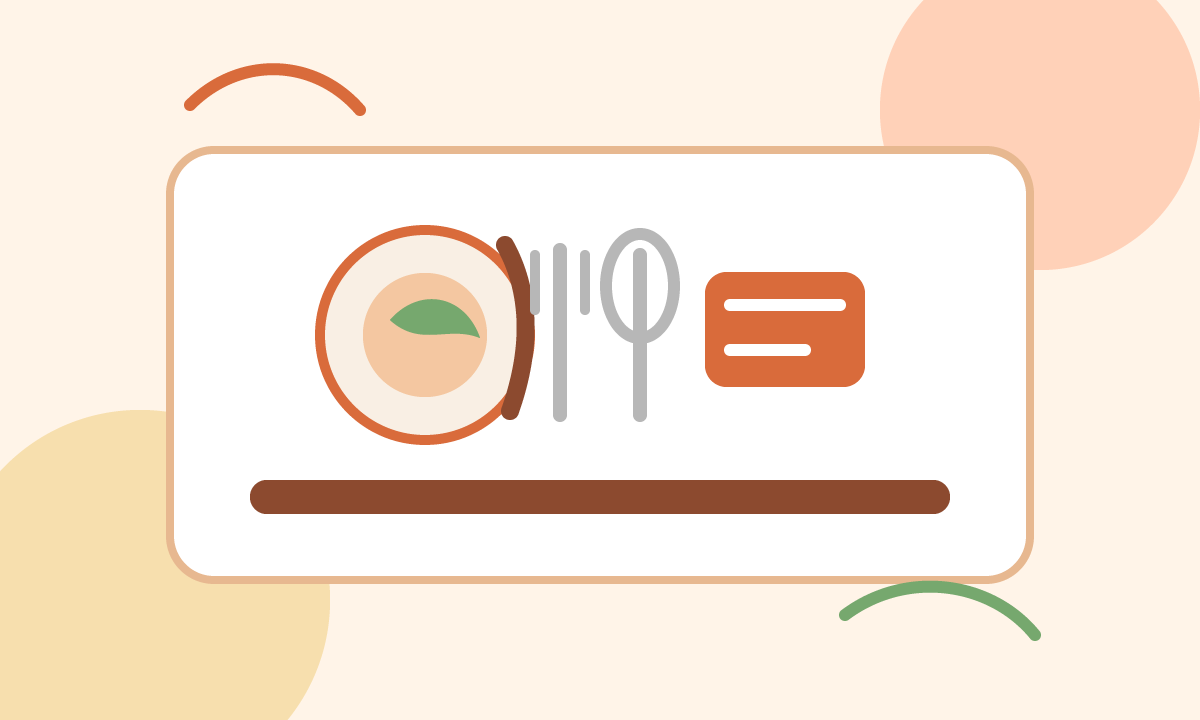 Ilustração de uma mesa de cozinha com prato, talheres e livro de receitas