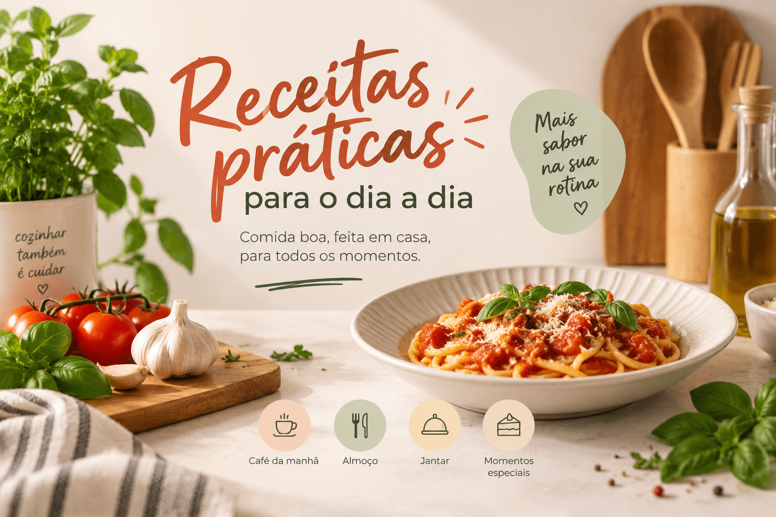 Macarrão ao molho caseiro servido em um prato cercado de outros ingredientes e utensílios de cozinha