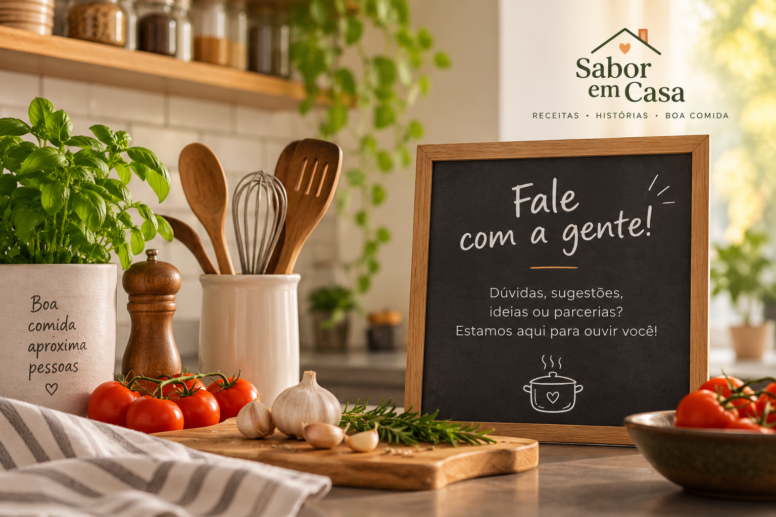 Cozinha acolhedora com ingredientes frescos e utensílios para preparar receitas caseiras